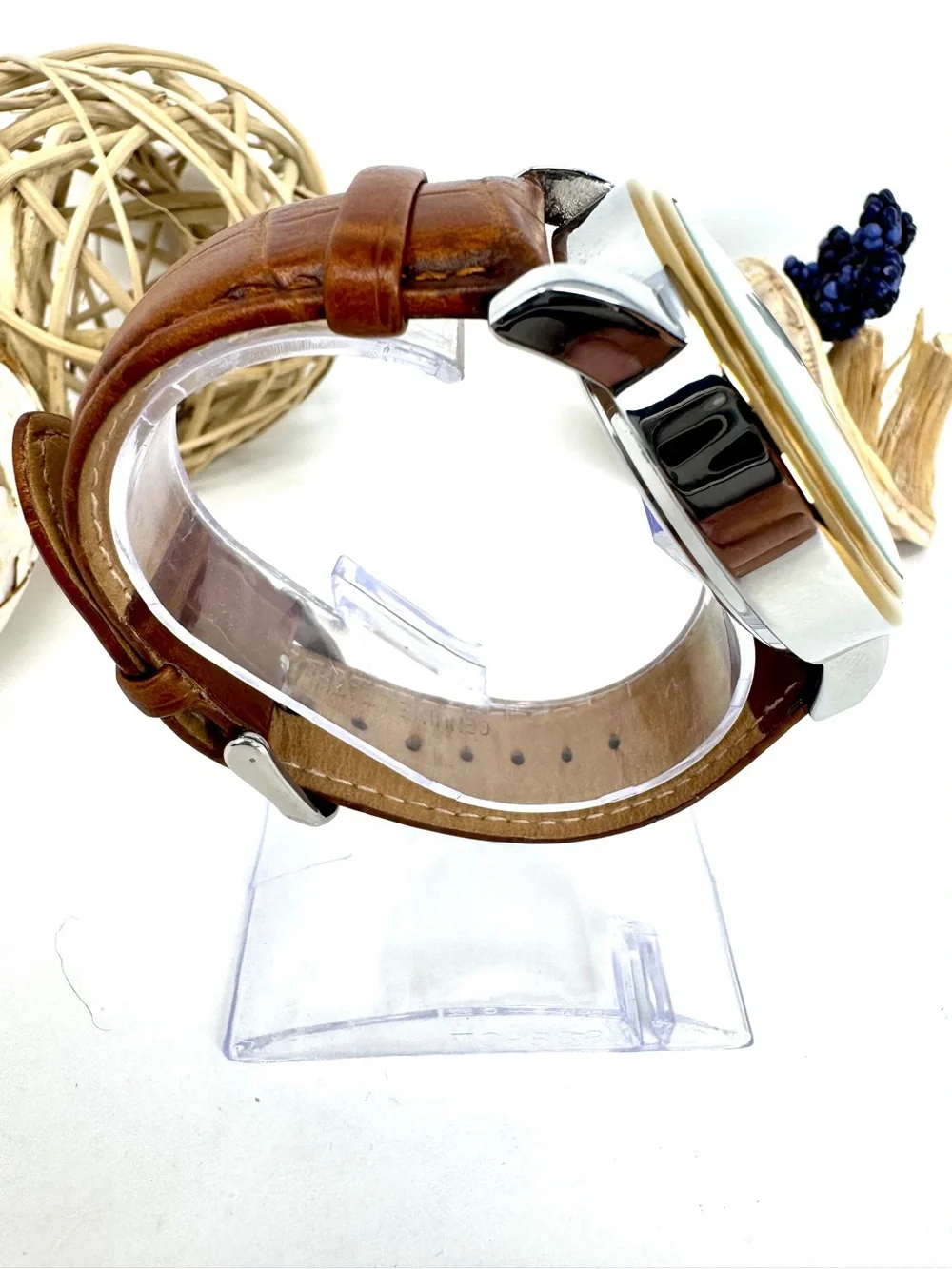 Claiborne Men's Multi-Function Quartz Watch –Two Tone Brown Leather- New Battery